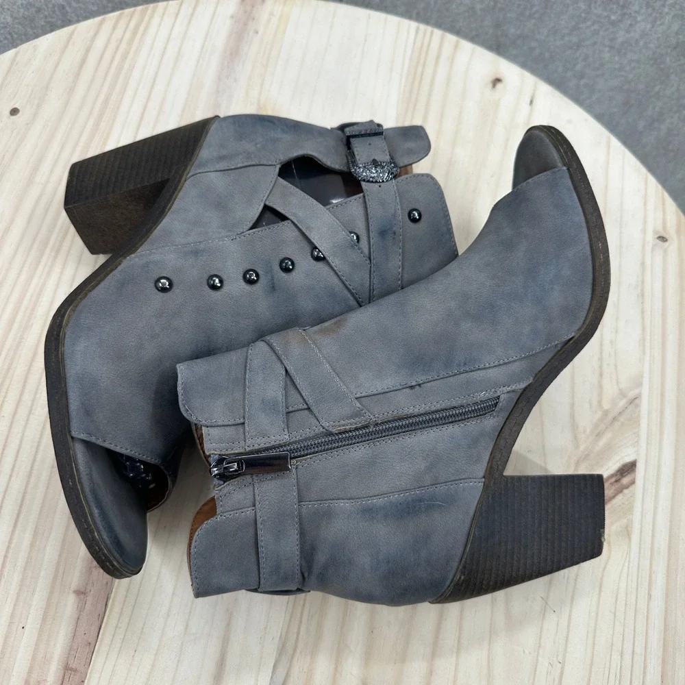Buckle Vintage 93 Cali Ankle Boots Womens 8.5 Gray Peep Toe Studded Cali Bootie
